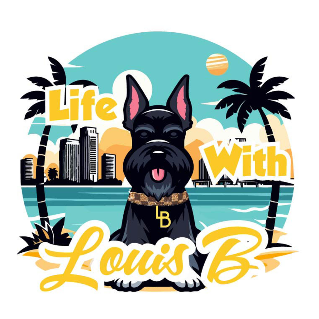 Life With Louis B logo — black Giant Schnauzer in a Miami sunset